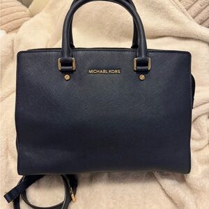Michael Kors Dark Blue Satchel with Gold Accents